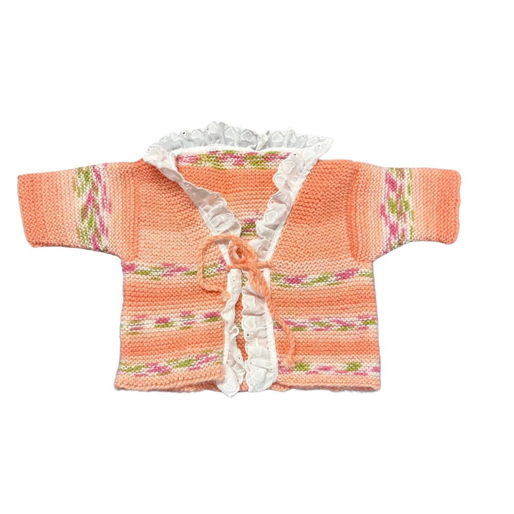 Handmade Peach Crochet Baby‎ Cardigan with White Ruffle Trim